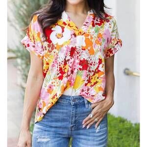 NEW SUPREME FASHION boho floral print v neck short sleeves top in multi